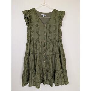 Baltic Born Dress Womens Medium Green Embroidered Floral Button Front Tiered
